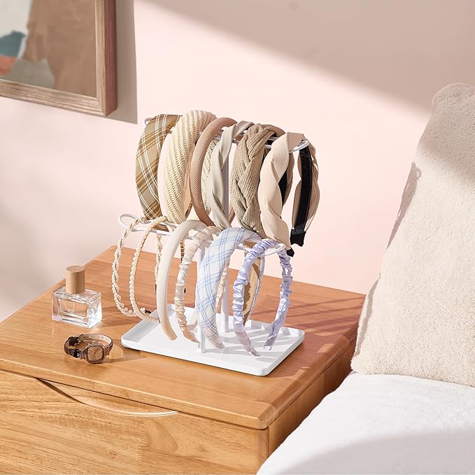 Headband Holder Organizer, 2-Tier T-bar Storage Stand with Tray for Hair Accessories Hairband Hair Clip, for Girls Women, White