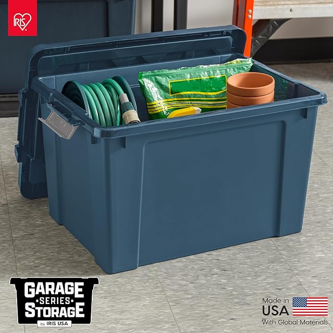 IRIS USA 20 Gallon Eco-Friendly Lockable Storage Bins with Lids, 4 Pack - Made in USA, Heavy Duty, Stackable Containers, Garage Organizing Bins Moving Tubs, Rugged Sturdy Equipment Utility Box - Navy