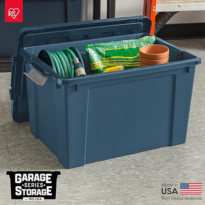 IRIS USA 20 Gallon Eco-Friendly Lockable Storage Bins with Lids, 4 Pack - Made in USA, Heavy Duty, Stackable Containers, Garage Organizing Bins Moving Tubs, Rugged Sturdy Equipment Utility Box - Navy