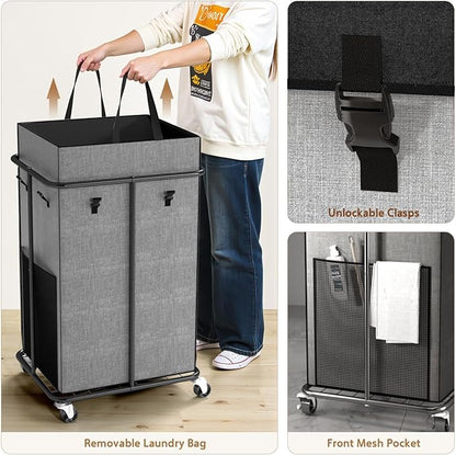 150L Large Laundry Basket with Wheels, Rolling Laundry Hamper with Removable Laundry Bag & Metal Frame, Oxford Fabric Dirty Clothes Hampers for Bedroom, Laundry Room, Bathroom, Dorm(Grey)