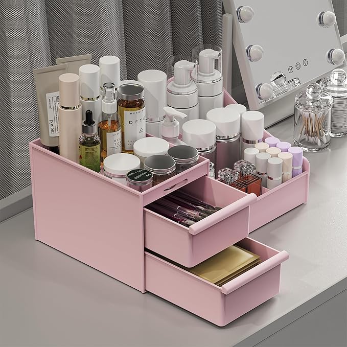 DancesCat Pink&2 Drawers Makeup Organizer Countertop, Vanity Organizer with 7 Compartments and 2 Drawers for Cosmetics, Skincare, Brushes, Perfume, Bathroom Counter Organizer