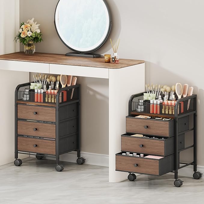 SWTYMIKI Rolling Makeup Organizer Cart - 14.96″*11.81″*23.03″ Widened Under Desk Vanity Storage with 3 Non-woven Drawers, Cosmetic Display Cases for Skin Care Perfume Nail Polish Brush Hair Tool Black