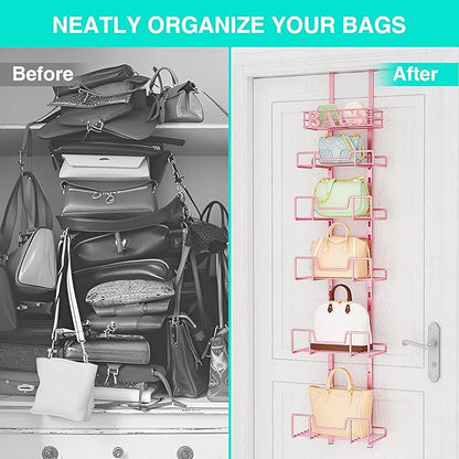 HapiRm Over Door Purse Organizer - Adjustable Purse Storage Rack with Bags Design Metal Basket, Wall Mounted Handbag Organizer, Hanging Handbag Holder, Can Use As 1/2 Part Detachable