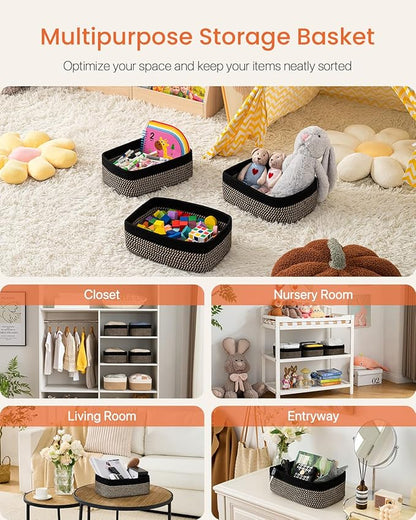 Small Woven Basket, 13.5 x 9.5 x 5 Inches, Storage Basket for Organizing, Cute Small Rope Shelf Closet Cube Storage Bins Baskets for Shelves, Dog Toy Gift Baskets Empty, 3 Pack Black & Brown