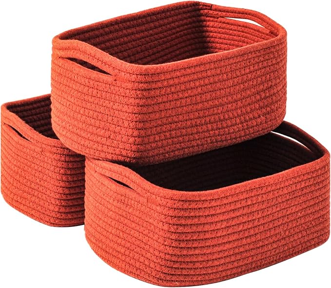 ICERZCZ Small Red Woven Baskets for Organizing, Basket for Gifts Empty, Cotton Rope Baskets for Storage, Organizer Bins for Organization, 13"×8.5"×5.1" (3 Packs) Brick Red