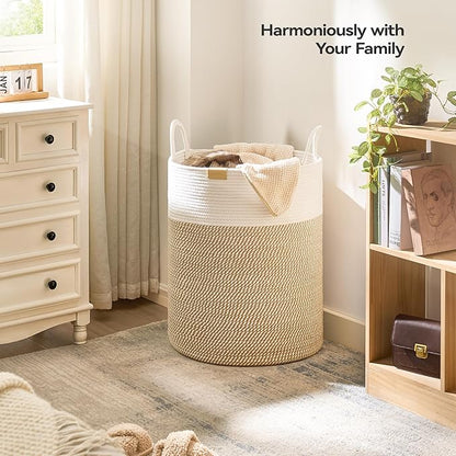 Nunsino Laundry Hamper 95L,Large Laundry Basket for Clothes,Decorative Storage Basket for Blankets,Cotton Rope Woven basket for bedroom,Brown White