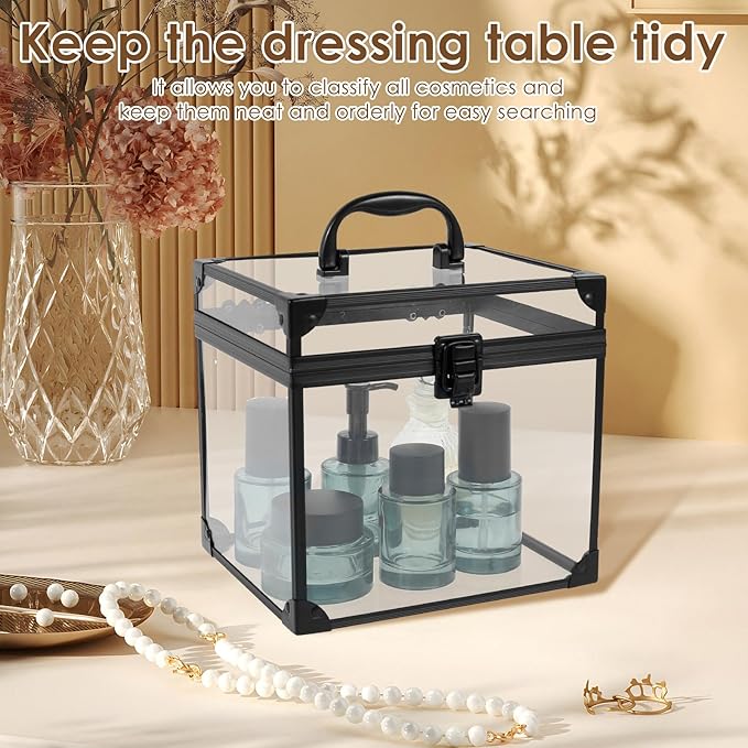 Crown Boxes for Pageants 7.9 X 6.7 X 7.5 In Clear Large capacity Makeup Train Case Cosmetic Case with Latches and Handle Toiletry Organizer Box Travel Makeup Tools Storage Organizer Box