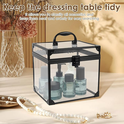 Crown Boxes for Pageants 7.9 X 6.7 X 7.5 In Clear Large capacity Makeup Train Case Cosmetic Case with Latches and Handle Toiletry Organizer Box Travel Makeup Tools Storage Organizer Box