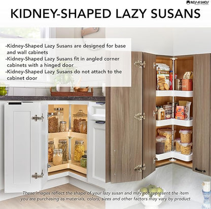 Rev-A-Shelf 32" Kidney Shaped Dual Tier Lazy Susan Organizer for Corner Base Kitchen Cabinets, Plastic Home Storage Shelves, 32" W x 22.43" D x 26" H, White, 6472-32-11-52