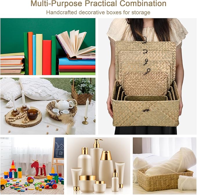 Woanger Set of 4 Wicker Baskets with Lids, Nautral Seagrass Storage Baskets, Woven Rectangular Basket Bins, Rattan Storage Organizer for Shelf Closet Bedroom(Natural Color)