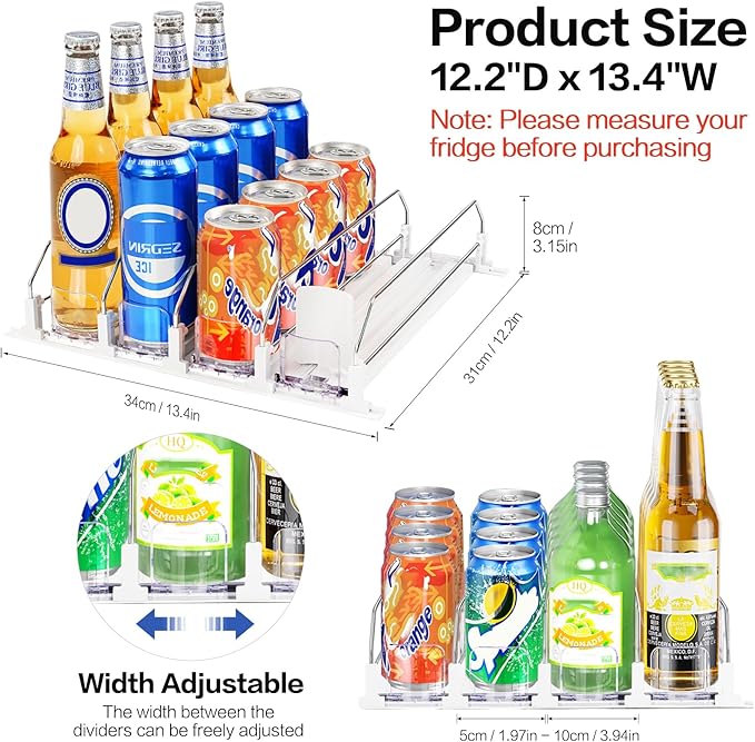 Drink Organizer for Mini Fridge, Automatic Pusher Drink Dispenser for Refrigerator, Soda Can Organizer for Beer Beverage, Holds up to 16 Cans 4Row (Depth12.2 xWide13.4)