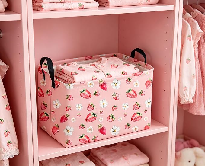 Sanjiaofeng Rectangular Strawberry Storage Baskets Baby Girl Basket Kids Baby Storage Basket Waterproof Collapsible Storage Bin Cute Organizer Box Girl Room Decor(Strawberry)