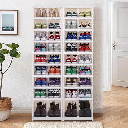 Shoe Box Foldable Storage Box Easy Assembly Collapsible Shoes Rack Clear Shoe Storage Cabinet Shoe Organizer Shoe Container Box with Lids Large Size Shoe Rack (9 layers clear door)