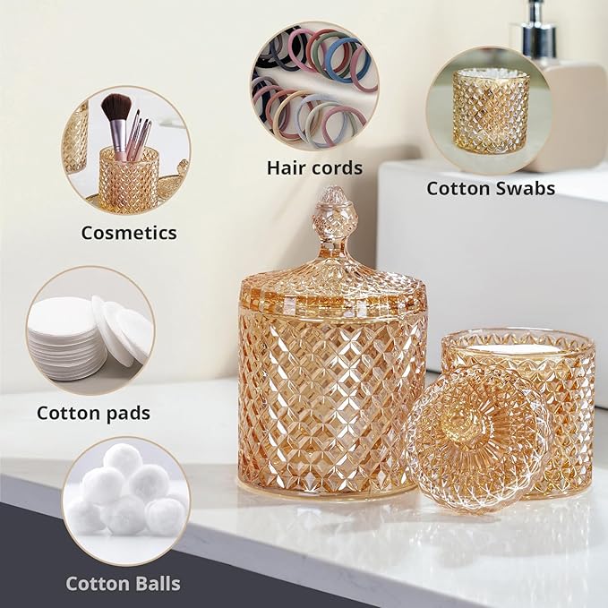 R FLORY 2 Pack Qtip Holder Glass Apothecary Jars with Lids Bathroom Storage Organizer for Cotton Swabs, Balls, Pads, Floss Picks, Vanity Storage Containers for Makeup, Candy, Jewelry (10+24oz, Amber)