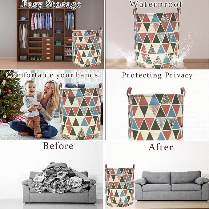 Waterproof Laundry Hamper Collapsible Laundry Basket Leather Handle Laundry Bag Large Clothes Storage Toy Organization for Bathroom Bedroom Laundryroom College Dorms (Caisanjiao-002)