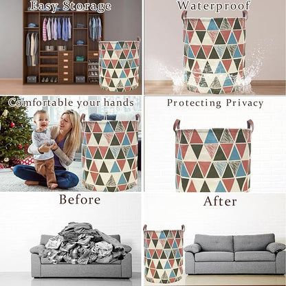 Waterproof Laundry Hamper Collapsible Laundry Basket Leather Handle Laundry Bag Large Clothes Storage Toy Organization for Bathroom Bedroom Laundryroom College Dorms (Caisanjiao-002)