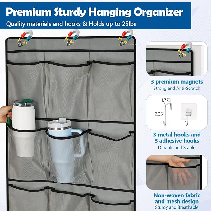 Over The Door Cruise Ship Organizer - Cruise Ship Magnetic Door Organizer with 15 Size-Graded Pockets, Hanging Magnetic Cruise Storage Shoe Rack for Cabin, 2025 Cruise Essential, 9 Hooks(Grey)