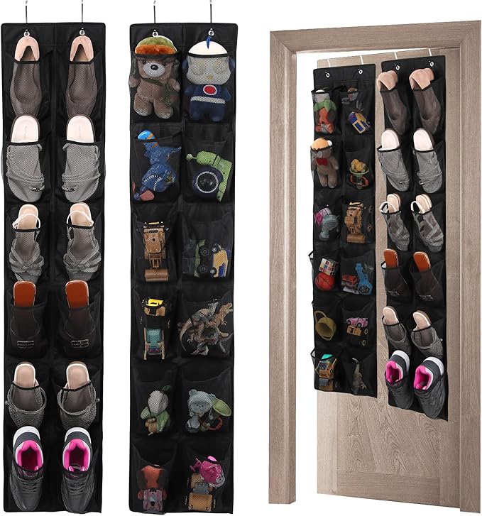 GOMAJI Over the Door Shoe Organizer, 12 Pocket, 2 Pack, Black, Mesh Storage for Shoes and Toys