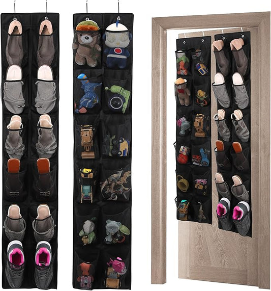 GOMAJI Over the Door Shoe Organizer, 12 Pocket, 2 Pack, Black, Mesh Storage for Shoes and Toys