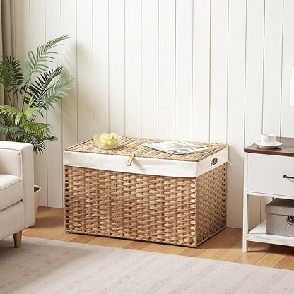 HOOBRO Storage Basket with Lid, 42.3 Gallon (160L) Wicker Basket, Handwoven Blanket Storage Basket with Handles, Metal Frame and Soft Lining, Foldable for Bedroom, Laundry Room, Natural NL216CW01