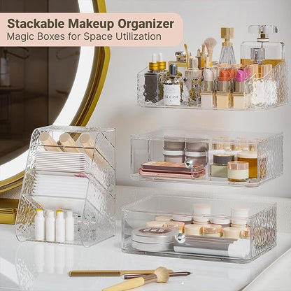 Makeup Organizer with Brush Holder Plastic Makeup Drawers For Vanity Clear Stackable Storage Case Makeup Organizer For Skincare, Brushes, Lipstick, Nail Polishes, Perfumes, Eyeshadow Palettes