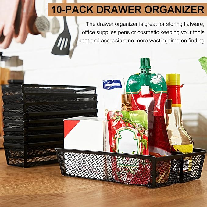 Chumia 10 Pack Silverware Drawer Organizer 9 x 3 x 2 Inch Mesh Utensil Organizer for Kitchen Drawers with Interlocking Arm for Flatware Knives Spoons Fork Cosmetic Utensil Tabletop Storage Tray