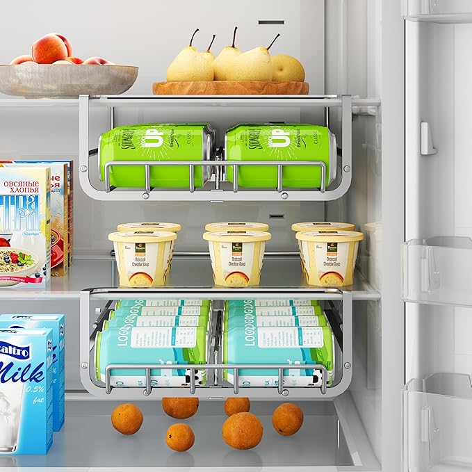 Refrigerator Hanging Soda Can Dispenser for Refrigerator Stainless Steel Double Row Fridge Drink Organizer Holds Up to 10 Cans of Soda Fits Fridges 15-23in Inner Depth