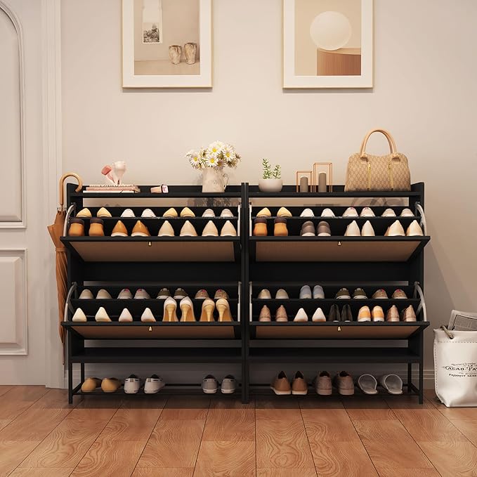 AVZEAR Narrow Shoe Storage Cabinet for Entryway with 2 Flip Drawers, Freestanding Shoe Cabinet with Natural Linen Panel, Slim Wood Shoe Organizer Closed Shoe Rack for Hallway, Foyer(Black)