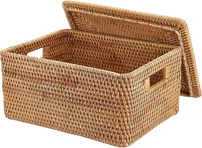 Hipiwe Wicker Storage Bins with Lid Handwoven Rattan Baskets Rectangular Decorative Shelf Baskets Bin with Handles Household Basket Boxes for Home Organizing,13.2"L x10.2"W x6.7"H