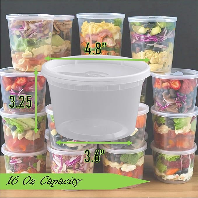 Mr Miracle Deli Containers with Lids - 24 Pack of 16 oz Clear Airtight Reusable Plastic Food and Multi-Purpose Containers - Microwave, Freezer, and Dishwasher Safe