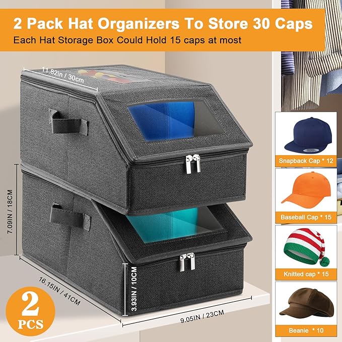 Xixter Stackable Hat Organizer for Baseball Caps- 2 PCS Featuring a Transparent Viewing Window, Hat Organizer for Closet, Holds up to 30 Caps, with Cardboard Inserts,Drak Grey