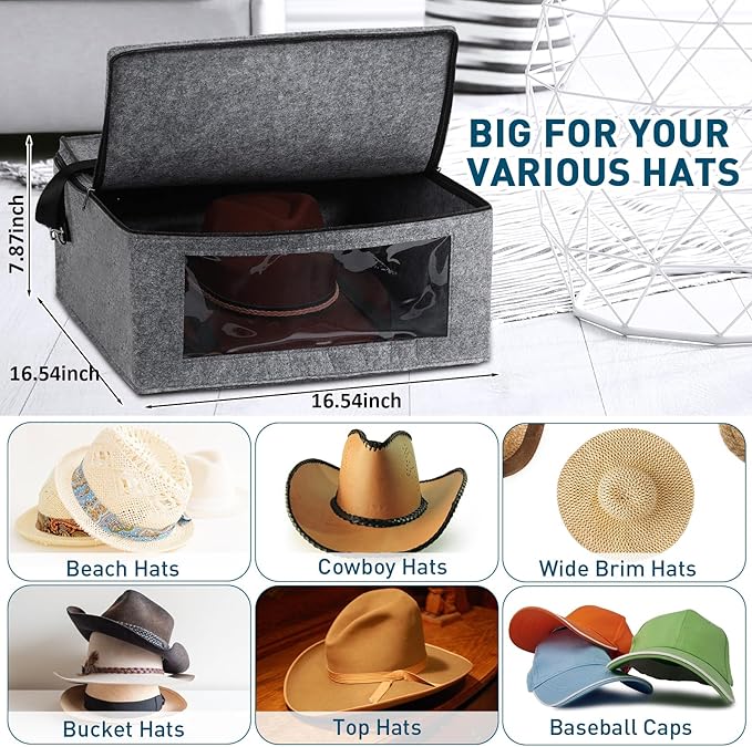 Suzile 2 Pack Hat Storage Box - Foldable Travel Case, Stackable Organizer Bag - Large Capacity - Medium Gray
