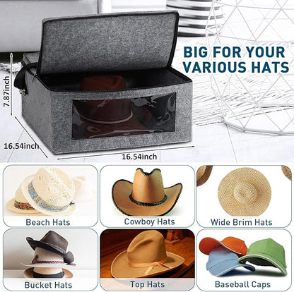 Suzile 2 Pack Hat Storage Box - Foldable Travel Case, Stackable Organizer Bag - Large Capacity - Medium Gray