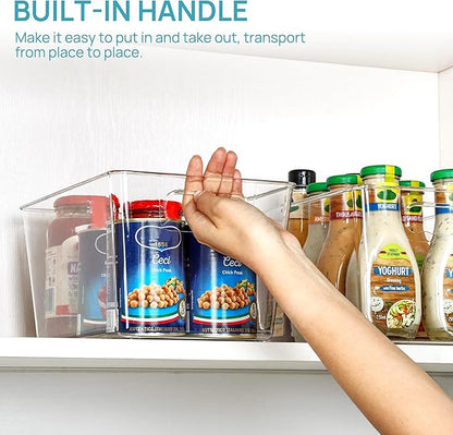 Vtopmart Clear Plastic Pantry Organizer Bins, 4 PCS Food Storage Bins with Handle for Refrigerator, Fridge, Cabinet, Kitchen, Countertops, Cupboard, Freezer Organization and Storage, BPA Free, Large
