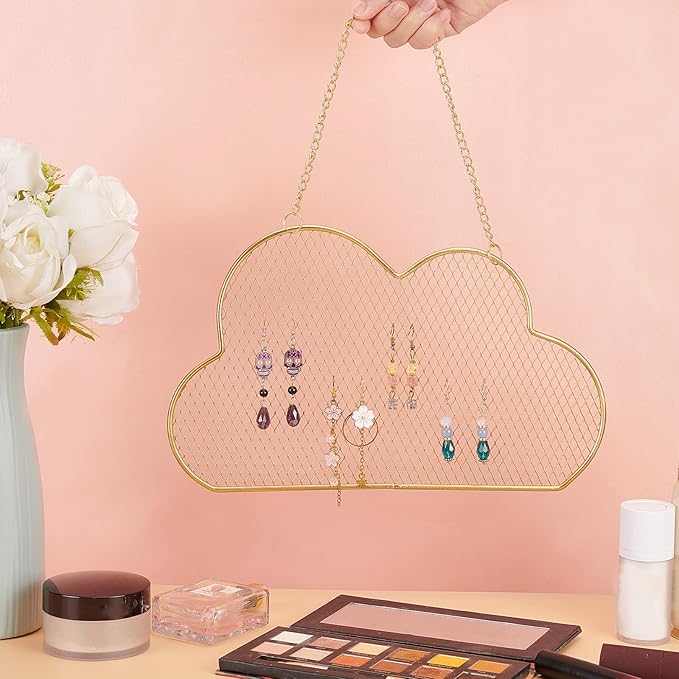 PH PandaHall Wall Jewelry Organizer, Stud Earring Holder Hanging Necklace Bracelet Display Stand with 10 Hooks Decorative Cloud Organizer for Necklaces Bracelets Small Grid for Stud Earring