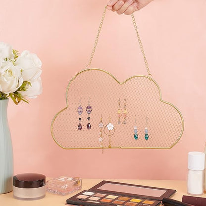 PH PandaHall Wall Jewelry Organizer, Stud Earring Holder Hanging Necklace Bracelet Display Stand with 10 Hooks Decorative Cloud Organizer for Necklaces Bracelets Small Grid for Stud Earring