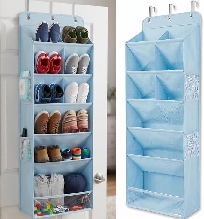 HOMELUX THEORY 6 Tiers Over The Door Shoe Organizer - 100D Extra Thick Deep Pockets Shoe Rack for Closet, 4 Side Pockets Shoe Rack for Entryway & Hanging Shoe Organizer for Closet (V1, Blue)