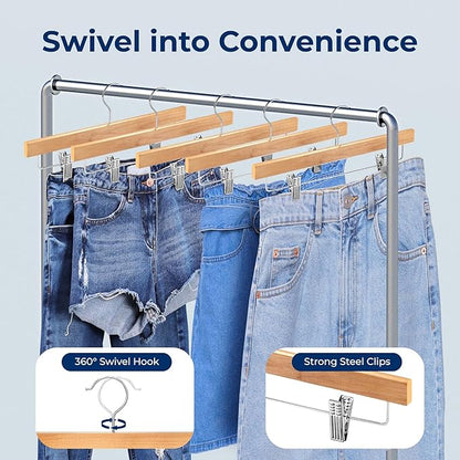 SereneLife Wooden Pants Hangers, 30-Pack Hangers with Adjustable Clips and Anti-Rust Swivel Hook, Space-Saving Pant Organizer for Closet, Ideal for Jeans, Slacks, Shorts, Trousers, Skirts (Natural)