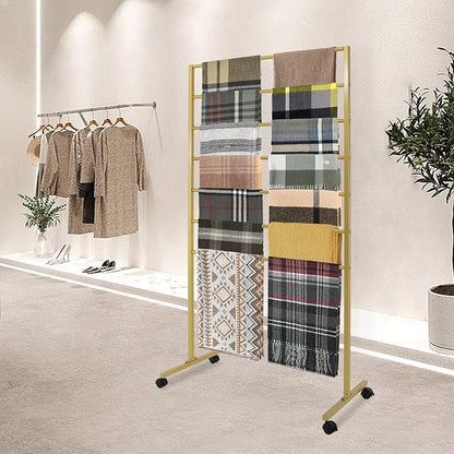 7 Tier Metal Display Rack with Wheels, Floor Standing Scarf Display Stand, Hijab Rack for Retail Stores, Towel, Belts, Ties, and Pants (Gold, 7 Tier)