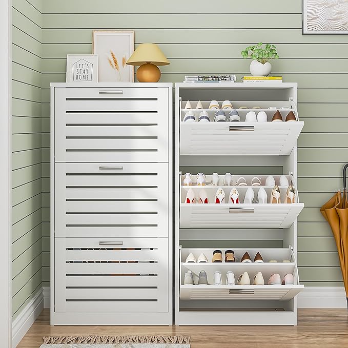 VECELO Shoe Cabinet Storage for Entryway with 3 Flip Drawers Slim Hidden Free Standing Organizer for Narrow Hallway, Bedroom, Living Room, Large Capacity, Modern, White, 3-Shelf