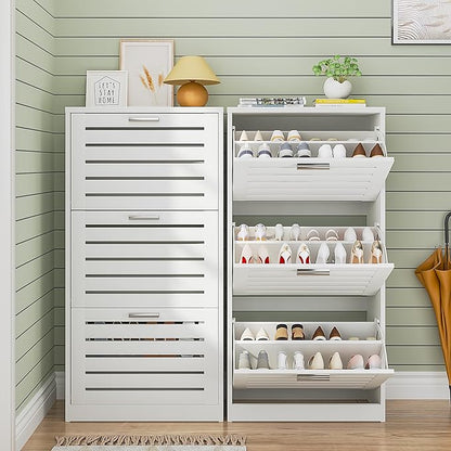 VECELO Shoe Cabinet Storage for Entryway with 3 Flip Drawers Slim Hidden Free Standing Organizer for Narrow Hallway, Bedroom, Living Room, Large Capacity, Modern, White, 3-Shelf