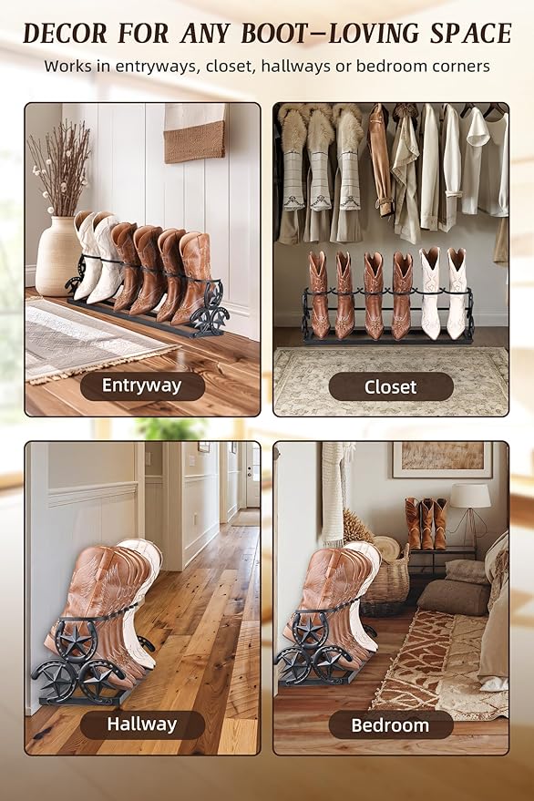 Western Horseshoe Boot Rack, Freestanding Metal Boot Stand for 3 Pairs, Adjustable Cowboy Boot Organizer with Texas Star Ends for Entryway or Mudroom, Gift for Cowboy Boot Lovers, Black