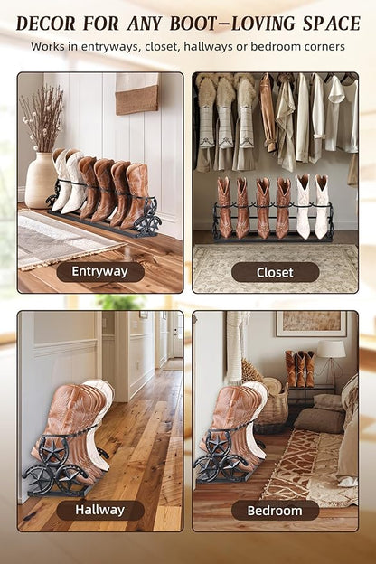 Western Horseshoe Boot Rack, Freestanding Metal Boot Stand for 3 Pairs, Adjustable Cowboy Boot Organizer with Texas Star Ends for Entryway or Mudroom, Gift for Cowboy Boot Lovers, Black