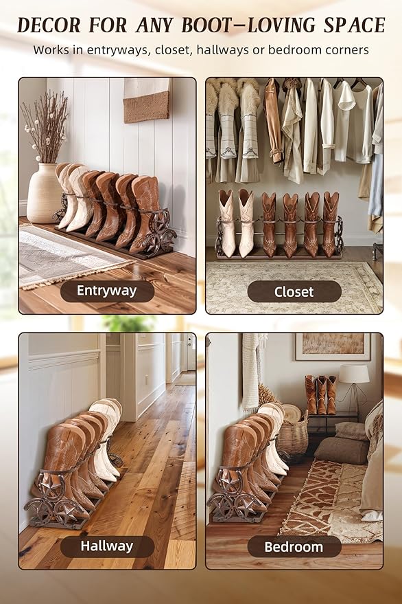 Western Horseshoe Boot Rack, 3 Pairs Freestanding Metal Boot Stand, Adjustable Cowboy Boot Organizer with Texas Star Ends for Entryway Bedroom Living Room Decor, Gift for Cowboy Boot Lovers, Bronze