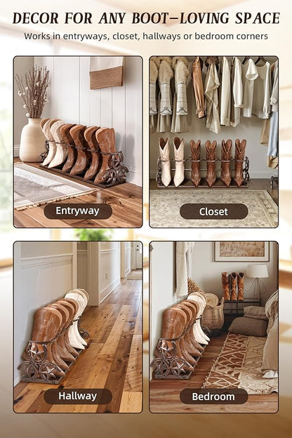 Western Horseshoe Boot Rack, 3 Pairs Freestanding Metal Boot Stand, Adjustable Cowboy Boot Organizer with Texas Star Ends for Entryway Bedroom Living Room Decor, Gift for Cowboy Boot Lovers, Bronze