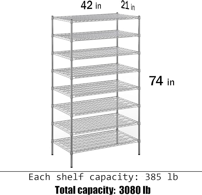 21" Deep x 42" Wide x 74" Height Wire Shelving Kit | 8-Tier | NSF Commercial Storage Rack Unit
