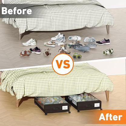 Under Bed Storage with Wheels, 4 Pack Under Bed Storage Containers with Dividers & Clear Lids, XXL 65L Under the bed storage Organizer Bins, Underbed Storage with Wheels for Clothes,Shoes,Toys - Black