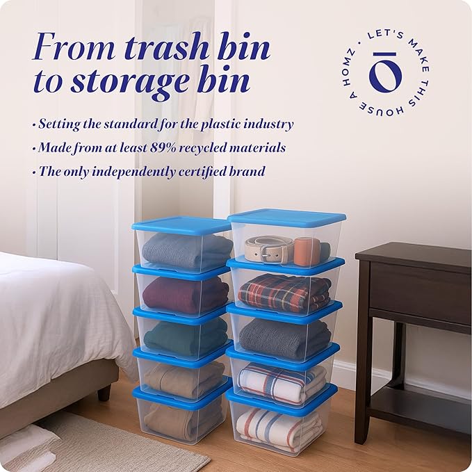 HOMZ 10-Pack Snaplock, Small Clear Plastic Storage Organizer Bins w/Lids, 6 Quart, Blue - Stackable Container Boxes for Bedroom, Bathroom, Garage, and Office Organization