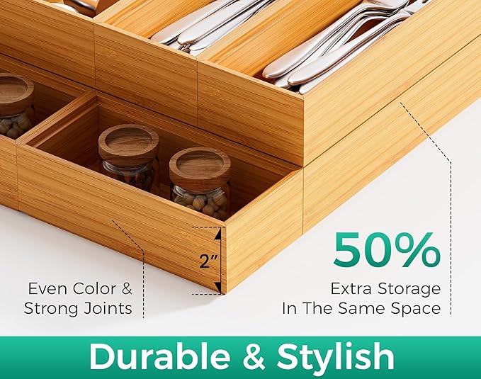 Bamboo Kitchen Drawer Organizer Set of 2, Stackable 15" x 6" Wood Silverware Utensil Tray for Drawers Bins, Cutlery & Flatware Storage – Wooden Boxes Organizers for Junk Drawer, Bathroom, RV