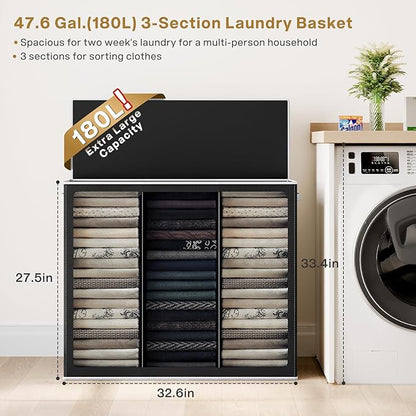SOLEDI 180L Laundry Hamper 3 Section, Extra Large Laundry Hamper with Lid, Dirty Clothes Hamper with Sturdy Handle, Large Laundry Basket Organizer for Laundry Room, Bedroom, Hampers for Laundry